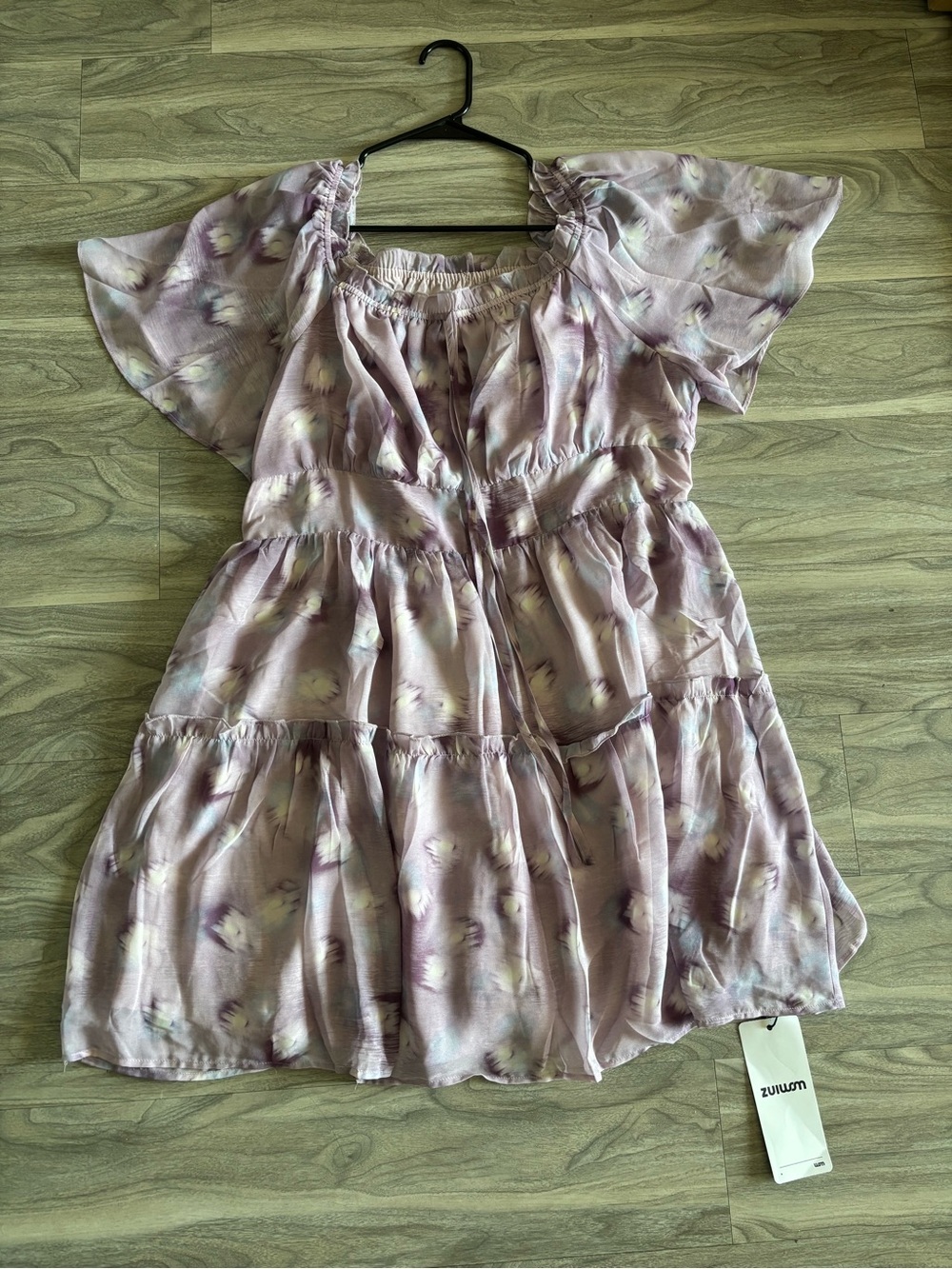 Zumiez Lavender Floral Tiered Midi Dress with Flutter Sleeves